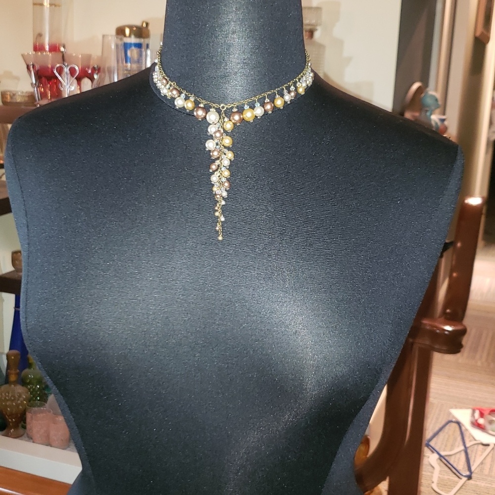 Choker Length Necklass With Faux Pearls, Glass Beads And Antiqued Goldtone Hardw